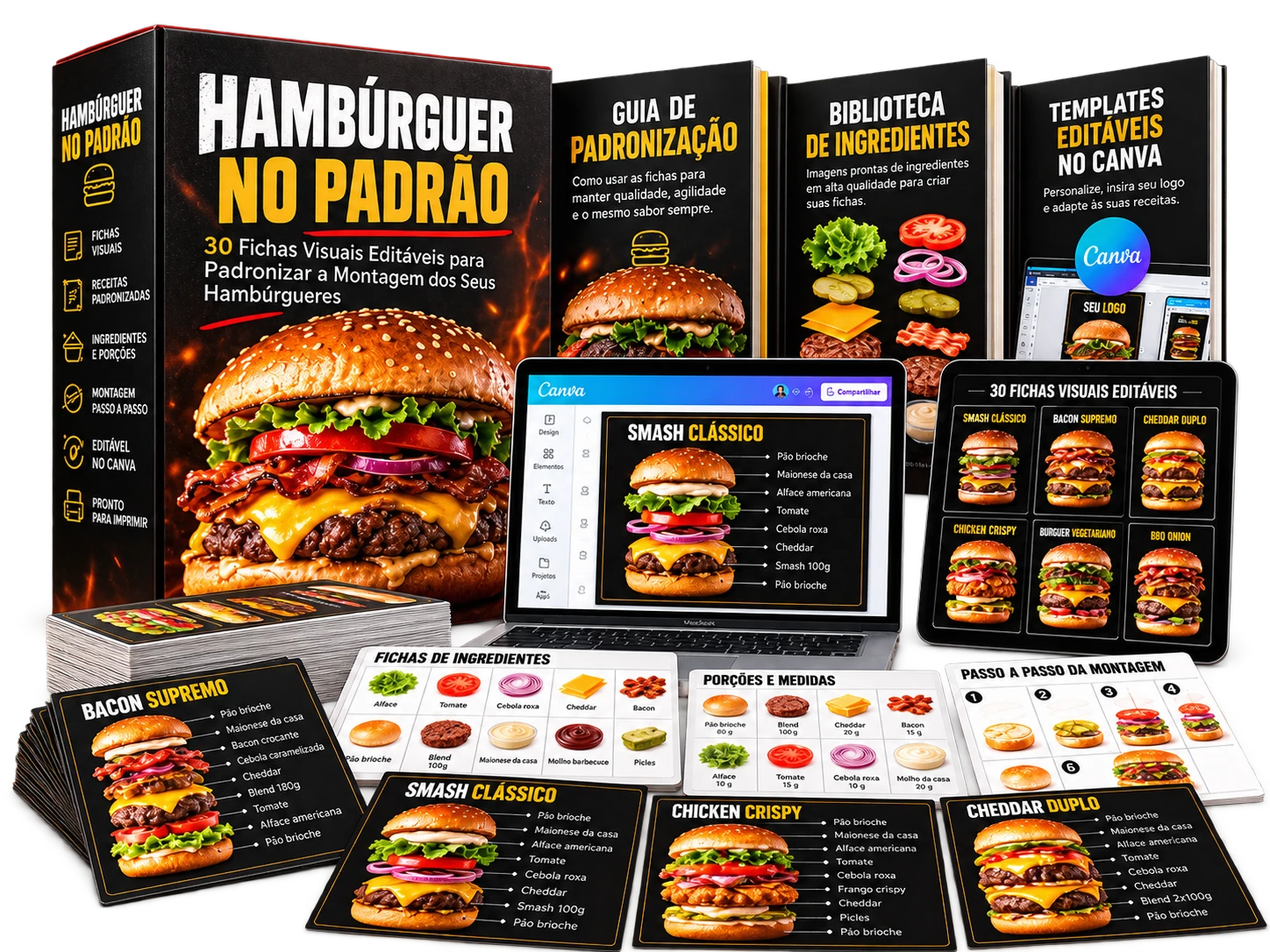 Hambúrguer no Padrão: fichas visuais, biblioteca de ingredientes e modelos editáveis no Canva